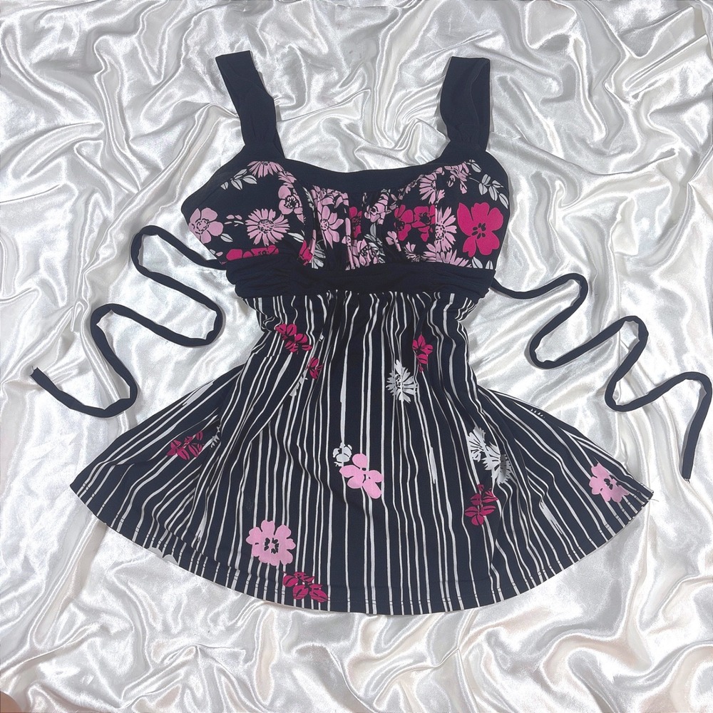 y2k Babydoll Top Black Excellent Floral Stripe Empire Waist Tie Back Speechless